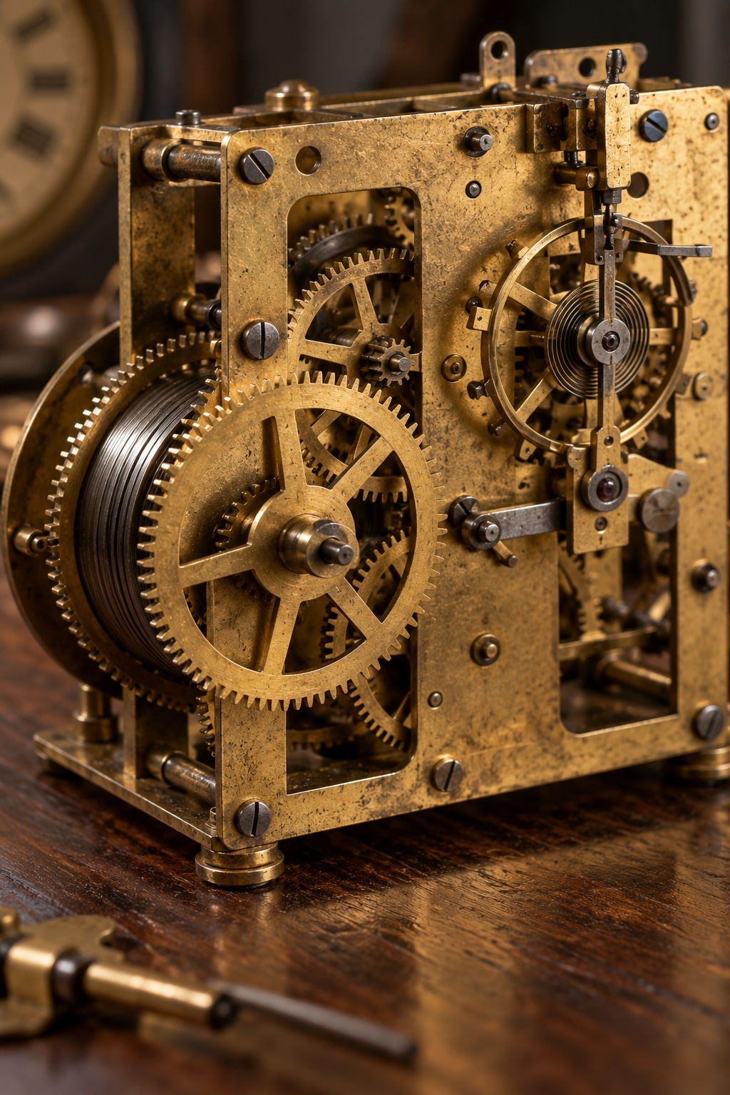 Illustrative antique brass clock movement